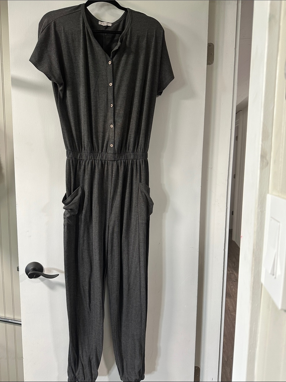 Shop Stevie Charcoal Button-Front Short-Sleeve Jumpsuit 014